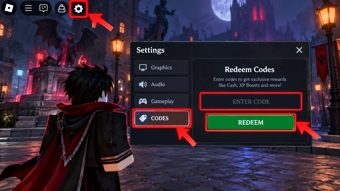 [Imagem: interface de Vampire Life com o menu de configurações aberto e a área CODES destacada para mostrar onde inserir um código]