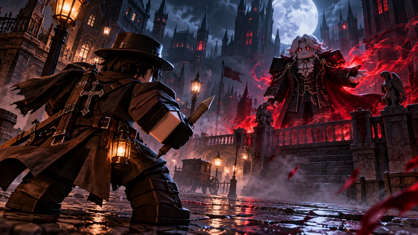 [Imagem: confronto noturno entre um humano caçador e um vampiro poderoso em uma cidade inspirada no visual de Roblox]