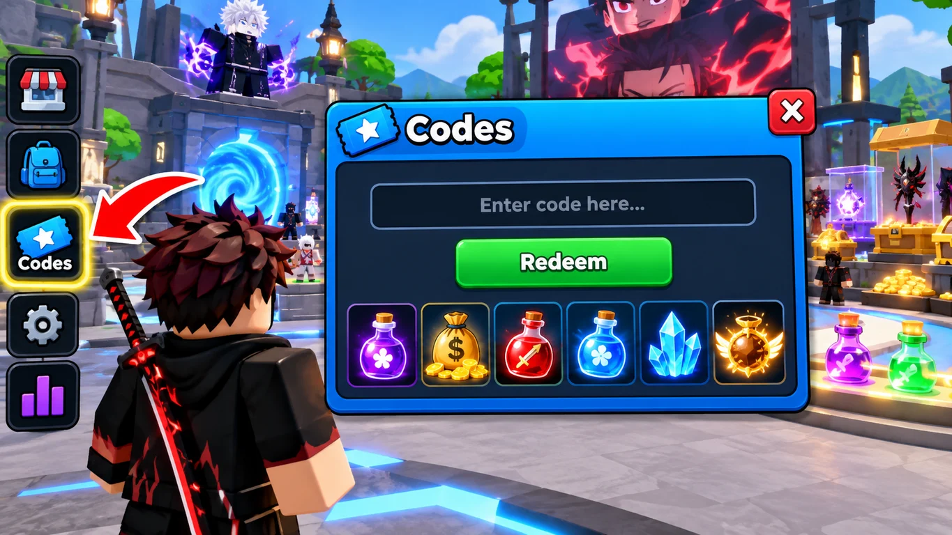 [Imagem: interface de Beat the Anime Boss com o botão Codes destacado e uma seta indicando onde inserir um código]