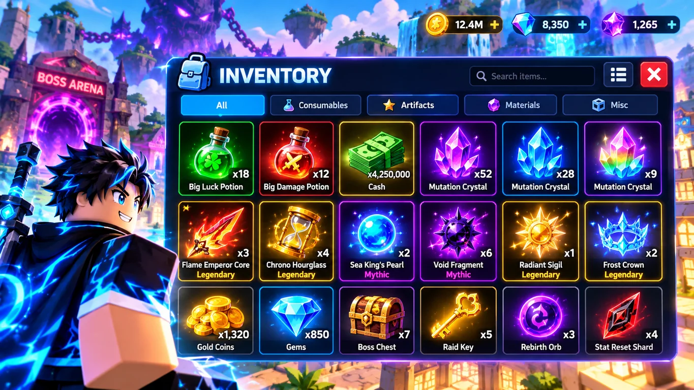 [Imagem: inventário de um jogador mostrando Big Luck Potions, Big Damage Potions, dinheiro, Mutation Crystals e diferentes artefatos]