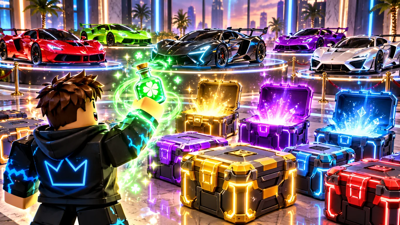 [Imagem: jogador usando uma Luck Potion diante de várias crates enquanto carros esportivos raros brilham ao fundo]