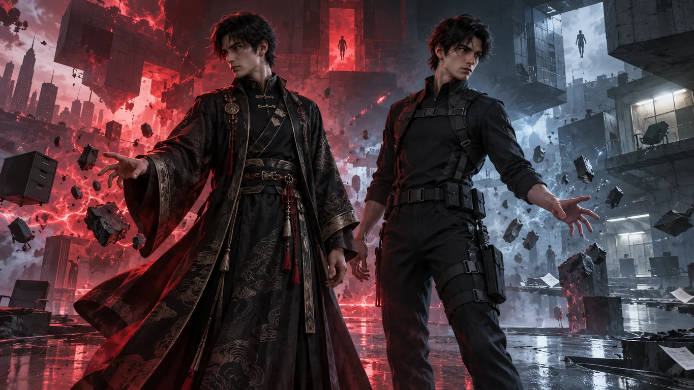 [Imagem: Dylan Faden usando a MIO Specialist’s Robe ao lado de outra versão do personagem vestindo o conjunto Sierra Suit]