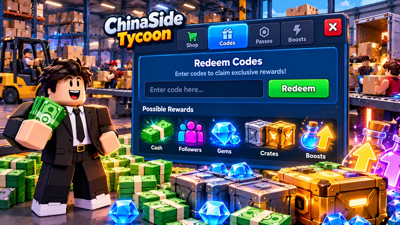 [Imagem: interface de ChinaSide Tycoon mostrando uma lista de códigos ao lado de pilhas de Cash, Crates, Followers e Gems]