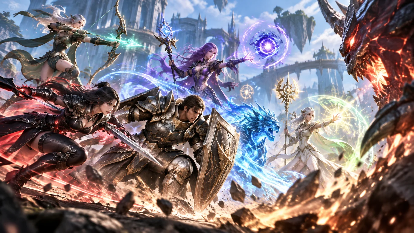 [Imagem: tela conceitual mostrando diferentes estilos de combate entre tanque, DPS, mago e suporte em Aion 2]